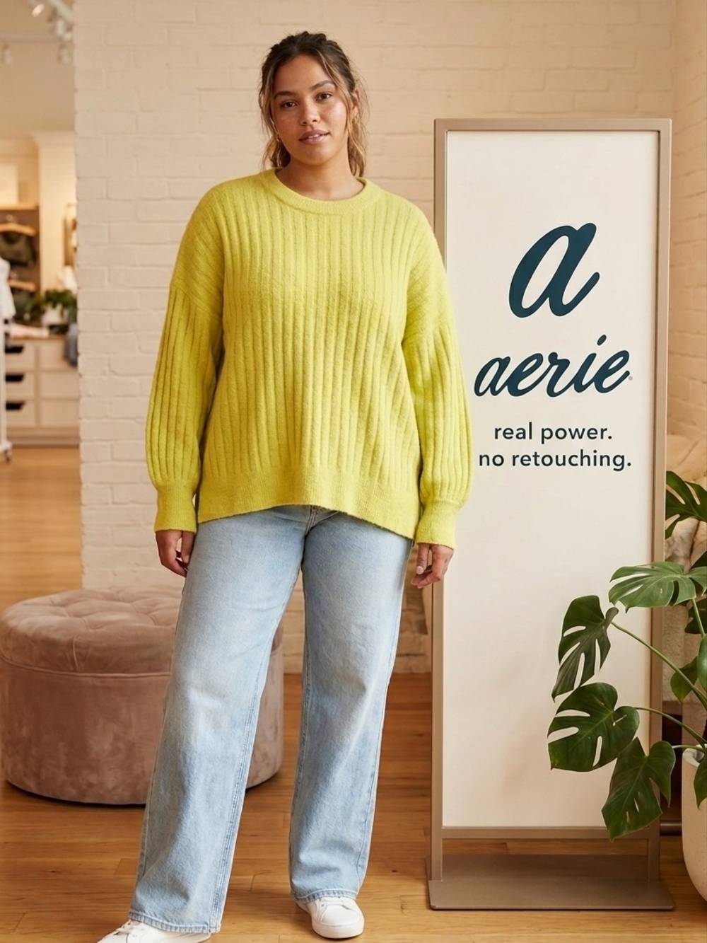 aerie Bright Lime Ribbed Crewneck Sweater